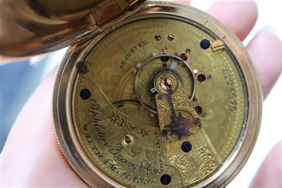 A 19th century engine turned gold plated Waltham hunter keyless pocket watch.